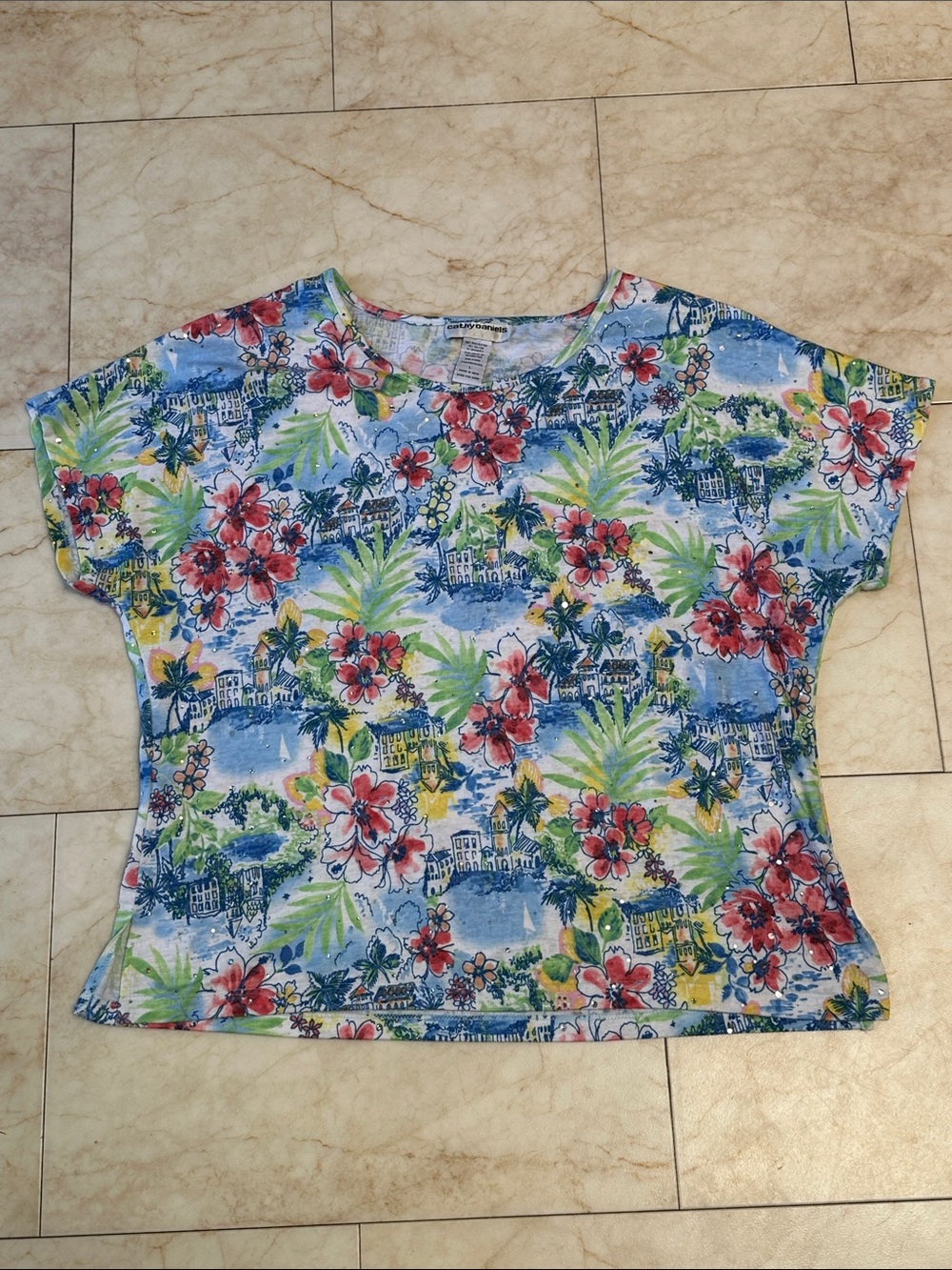 Vintage Y2K Floral Tropical Print Women’s Sparkle Tee